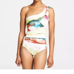 CALIA multi colored one shoulder one piece bathing suit